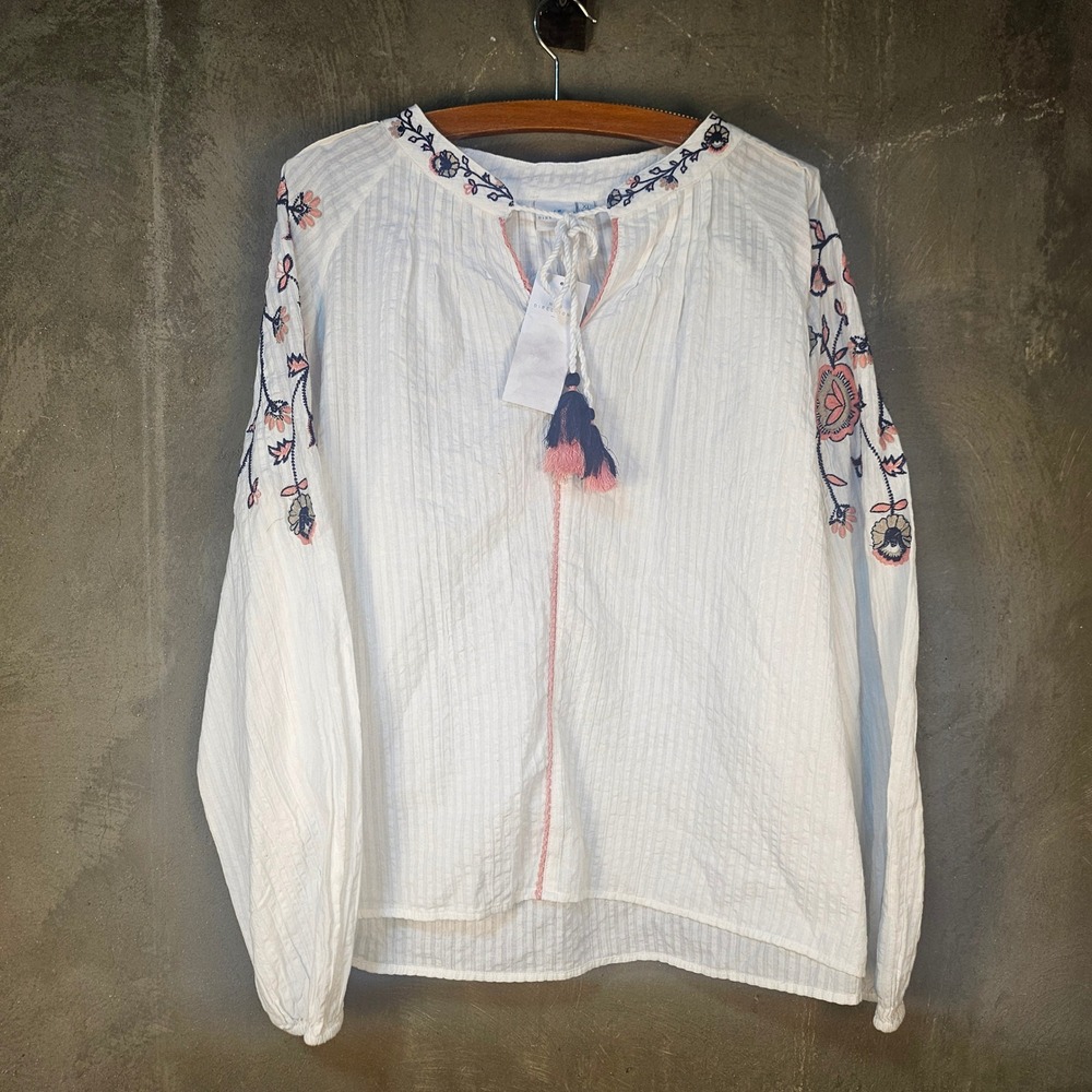 Boho Gauzy XL White Embroidered Tassels Top Cotton Boho Floral Hippie Gauze‎ NWT